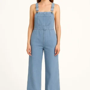 Kadın Chambray Açık Mavi Denim Görünümlü Geniş Paça Salopet Tulum - Mavi