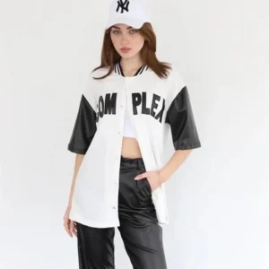 Kadın Complex Kolları Deri Kolej Oversize T-shirt - Beyaz