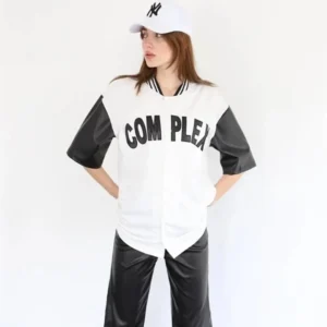 Alternative view of Kadın Complex Kolları Deri Kolej Oversize T-shirt - Beyaz