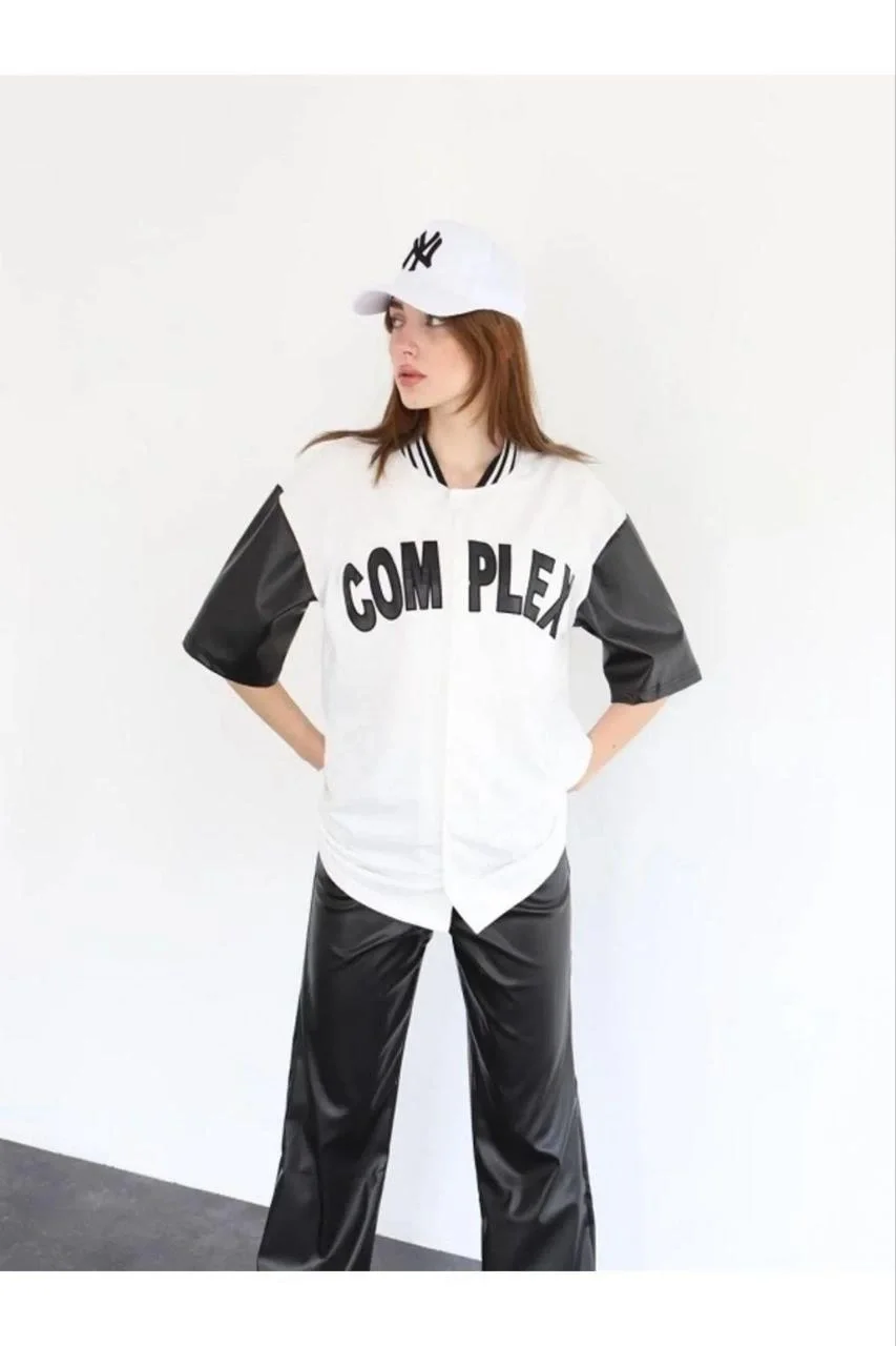 Kadın Complex Kolları Deri Kolej Oversize T-shirt - Beyaz - Görsel 8