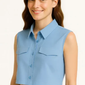 Kadın Crop Poplin Gömlek Yalancı Cepli, Ayarlanabilir Yan Kordonlu, - Bebe Mavisi