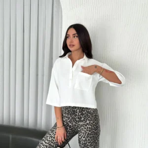 Z Krep Kadın Crop Yakalı Gömlek İlik Düğmeli Üç Çeyrek Sleeve Kol - Beyaz