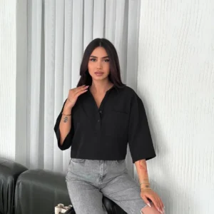 Alternative view of Z Krep Kadın Crop Yakalı Gömlek İlik Düğmeli Üç Çeyrek Sleeve Kol - Siyah