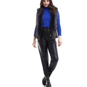 Kadın Fermuarlı Koyun Derisi Tilki Kürkü - Siyah