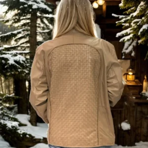 Alternative view of Kadın Fileli Deri Ceket - Krem