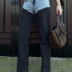 Kadın Jeans Kot Parçalı Palazzo Pantolon - Siyah