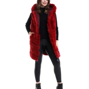 Alternative view of Kadın Kapşonlu Peluş Kürk Yelek Premium Kalite, Tam Astarlı, Uzun Model - Kırmızı