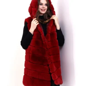 Kadın Kapşonlu Peluş Kürk Yelek Premium Kalite, Tam Astarlı, Uzun Model - Kırmızı