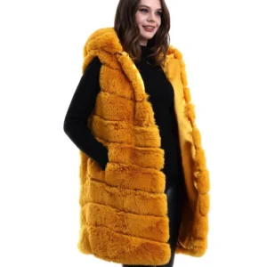 Kadın Kapşonlu Peluş Kürk Yelek Premium Kalite, Tam Astarlı, Uzun Model - Sarı