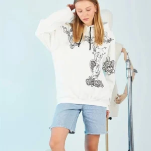 Kadın Kapüşonlu Strong Heykel Baskılı Sweatshirt - Beyaz