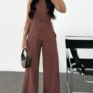 Kadın Keten Asimetrik Tek Omuzlu Bluz Pantalon Takım- Bordo