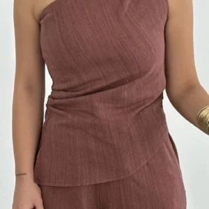 Alternative view of Kadın Keten Asimetrik Tek Omuzlu Bluz Pantalon Takım- Bordo