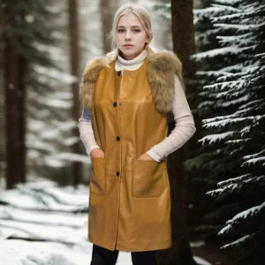 Kadın Kolsuz Hakiki Deri Kürk - Hardal