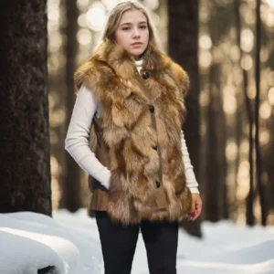 Kadın Kolsuz Hakiki Deri Kürk - Kahve