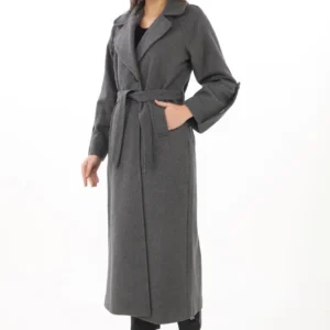 Kadın Uzun Kaşe Kaban – Yünlü Dokuma Kaşmir Kumaş, Kruvaze Yaka, Kuşaklı Astarlı Tesettür Uyumlu Şık Kışlık Siyah Model - Füme