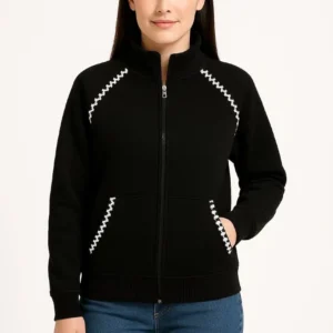 Kadın Oversize Dik Yaka Fermuarlı Sweatshirt - Zincir Nakışli Kanguru Cepli, - Siyah