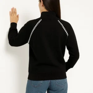 Alternative view of Kadın Oversize Dik Yaka Fermuarlı Sweatshirt - Zincir Nakışli Kanguru Cepli, - Siyah