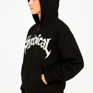 Alternative view of Kadın Kapüşonlu 3 İplik Şardonlu Önü Baskılı Fermuarlı Oversize Sweatshirt - Siyah