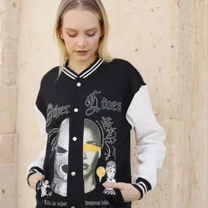 Kadın Oversize Kolej Tarzı Sweatshirt – 3 İplik İçi Pamuklu, Baskılı, Rahat Günlük Ceket - Siyah