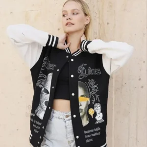 Alternative view of Kadın Oversize Kolej Tarzı Sweatshirt – 3 İplik İçi Pamuklu, Baskılı, Rahat Günlük Ceket - Siyah