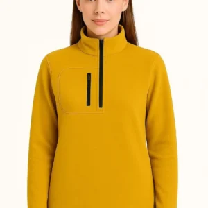 Alternative view of Kadın Polar Kazak – Dik Yaka, Yarım Fermuarlı, Fermuarlı Göğüs Cepli, Siyah Biyeli, Kışlık Rahat Regular Fit Günlük Model - Sarı