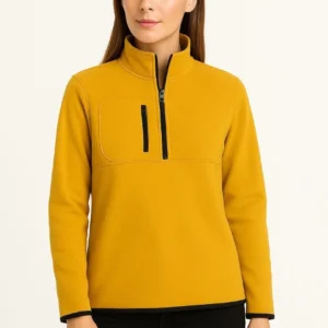 Kadın Polar Kazak – Dik Yaka, Yarım Fermuarlı, Fermuarlı Göğüs Cepli, Siyah Biyeli, Kışlık Rahat Regular Fit Günlük Model - Sarı