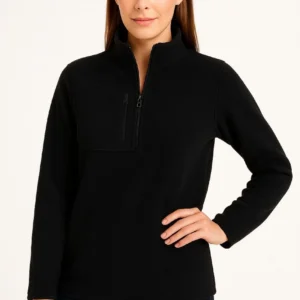 Alternative view of Kadın Polar Kazak – Dik Yaka, Yarım Fermuarlı, Fermuarlı Göğüs Cepli, Siyah Biyeli, Kışlık Rahat Regular Fit Günlük Model - Siyah