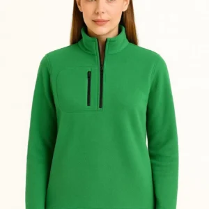 Alternative view of Kadın Polar Kazak – Dik Yaka, Yarım Fermuarlı, Fermuarlı Göğüs Cepli, Siyah Biyeli, Kışlık Rahat Regular Fit Günlük Model - Yeşil