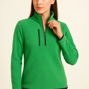 Kadın Polar Kazak – Dik Yaka, Yarım Fermuarlı, Fermuarlı Göğüs Cepli, Siyah Biyeli, Kışlık Rahat Regular Fit Günlük Model - Yeşil