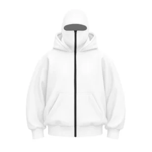 Alternative view of Kadın Samuray Ninja Çift Kapüşonlu Maske Detaylı Fermuarlı Kanguru Cepli Hoodie - Beyaz