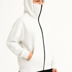 Kadın Samuray Ninja Çift Kapüşonlu Maske Detaylı Fermuarlı Kanguru Cepli Hoodie - Beyaz