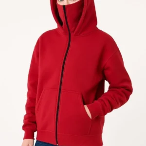Kadın Samuray Ninja Çift Kapüşonlu Maske Detaylı Fermuarlı Kanguru Cepli Hoodie - Kırmızı