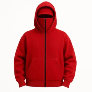 Alternative view of Kadın Samuray Ninja Çift Kapüşonlu Maske Detaylı Fermuarlı Kanguru Cepli Hoodie - Kırmızı