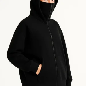 Kadın Samuray Ninja Çift Kapüşonlu Maske Detaylı Fermuarlı Kanguru Cepli Hoodie - Siyah