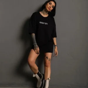 Alternative view of Kadın Oversize Baskılı Tişört – Golf GTI Retro Araba Desenli, Ön & Arka Dijital Baskı, Sokak Modası Stil - Siyah