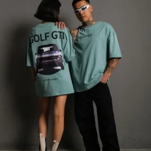 Kadın Oversize Baskılı Tişört – Golf GTI Retro Araba Desenli, Ön & Arka Dijital Baskı, Sokak Modası Stil - Mint Yeşili
