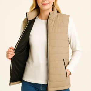 Kadın Şişme Fermuarlı Yelek Su itici Kapitone Astarlı Kumaş Cepli Hafif Kışlık Spor Rahat Kalıp - Bej