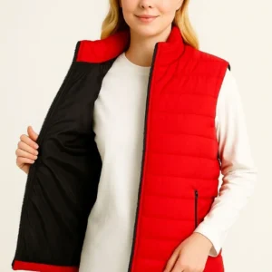 Kadın Şişme Fermuarlı Yelek Su itici Kapitone Astarlı Kumaş Cepli Hafif Kışlık Spor Rahat Kalıp - Kırmızı