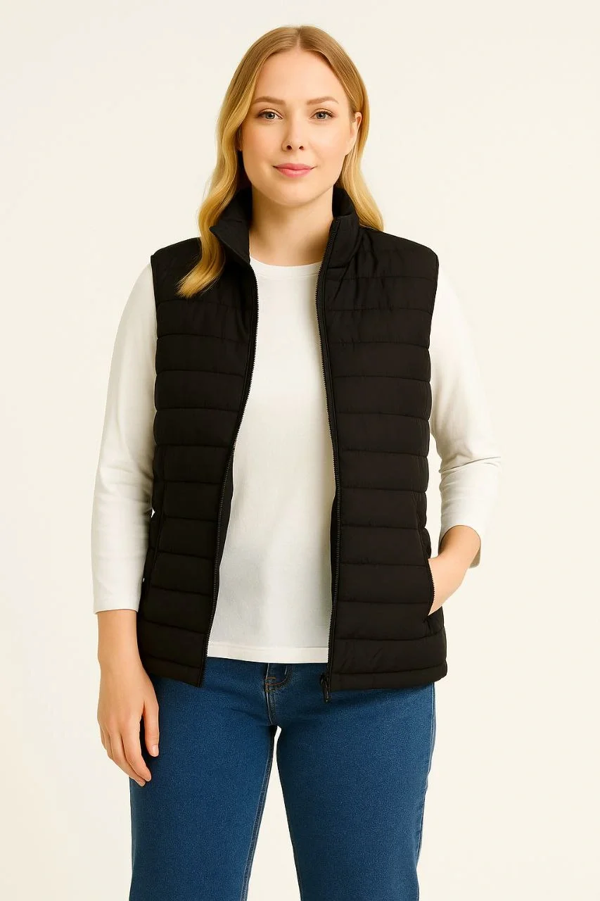 Kadın Şişme Fermuarlı Yelek Su itici Kapitone Astarlı Kumaş Cepli Hafif Kışlık Spor Rahat Kalıp - Siyah - Görsel 5