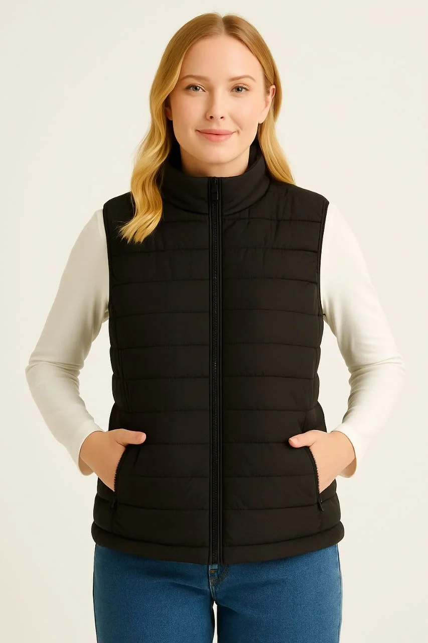 Kadın Şişme Fermuarlı Yelek Su itici Kapitone Astarlı Kumaş Cepli Hafif Kışlık Spor Rahat Kalıp - Siyah - Görsel 2