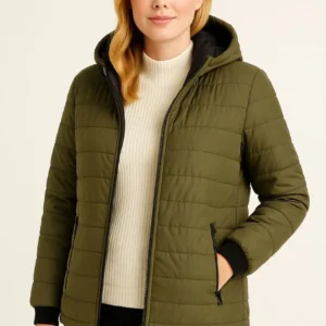 Kadın Şişme Kapüşonlu Fermuarlı Mont Su itici Kapitone Astarlı Kumaş Cepli Kışlık Rahat Kalıp - Haki