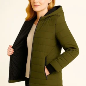 Alternative view of Kadın Şişme Kapüşonlu Fermuarlı Mont Su itici Kapitone Astarlı Kumaş Cepli Kışlık Rahat Kalıp - Haki