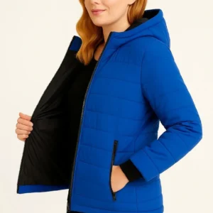 Alternative view of Kadın Şişme Kapüşonlu Fermuarlı Mont Su itici Kapitone Astarlı Kumaş Cepli Kışlık Rahat Kalıp - Saks Mavisi