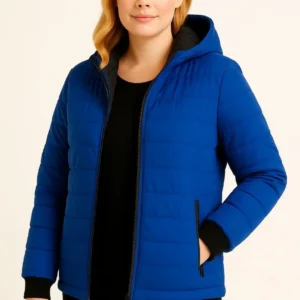 Kadın Şişme Kapüşonlu Fermuarlı Mont Su itici Kapitone Astarlı Kumaş Cepli Kışlık Rahat Kalıp - Saks Mavisi