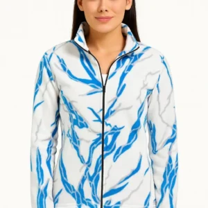 Kadın Tam Fermuarlı Desenli Polar Sweat Lightning Desen Yakalı, Uzun Kollu, Oversize Rahat Kalıp - Beyaz