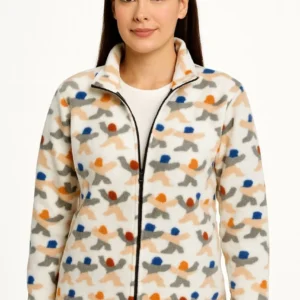 Kadın Tam Fermuarlı Desenli Polar Sweat – Siyah Multicolor Figür Desen Yakalı, Uzun Kollu, Oversize Rahat Kalıp - Beyaz