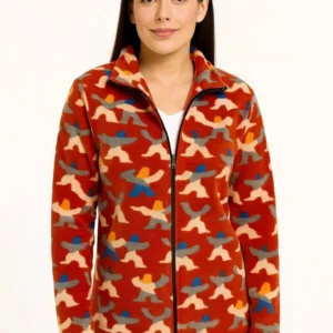 Kadın Tam Fermuarlı Desenli Polar Sweat – Siyah Multicolor Figür Desen Yakalı, Uzun Kollu, Oversize Rahat Kalıp - Kiremit