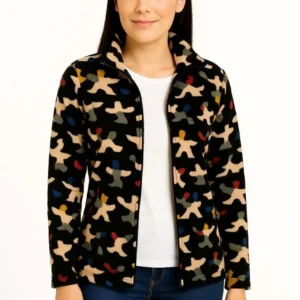 Kadın Tam Fermuarlı Desenli Polar Sweat – Siyah Multicolor Figür Desen Yakalı, Uzun Kollu, Oversize Rahat Kalıp - Siyah