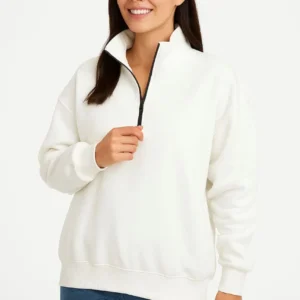 Kadın Üç İplik Dık Yaka Yarım Fermuarlı SweatShirt - Beyaz