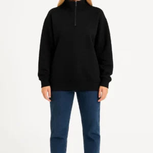 Alternative view of Kadın Üç İplik Dık Yaka Yarım Fermuarlı SweatShirt - Siyah